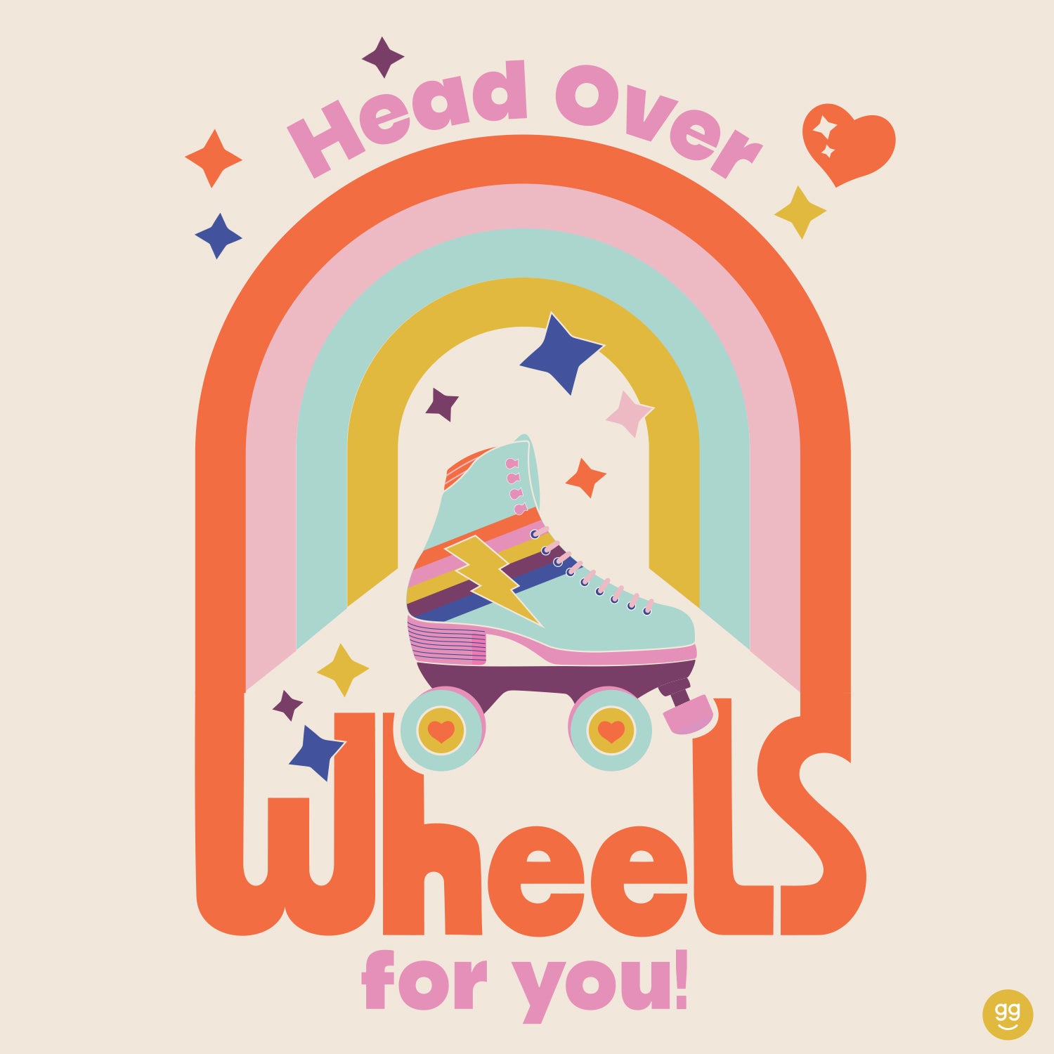 Head Over Wheels lettering artwork with roller skate and rainbow design by Gigglemugg