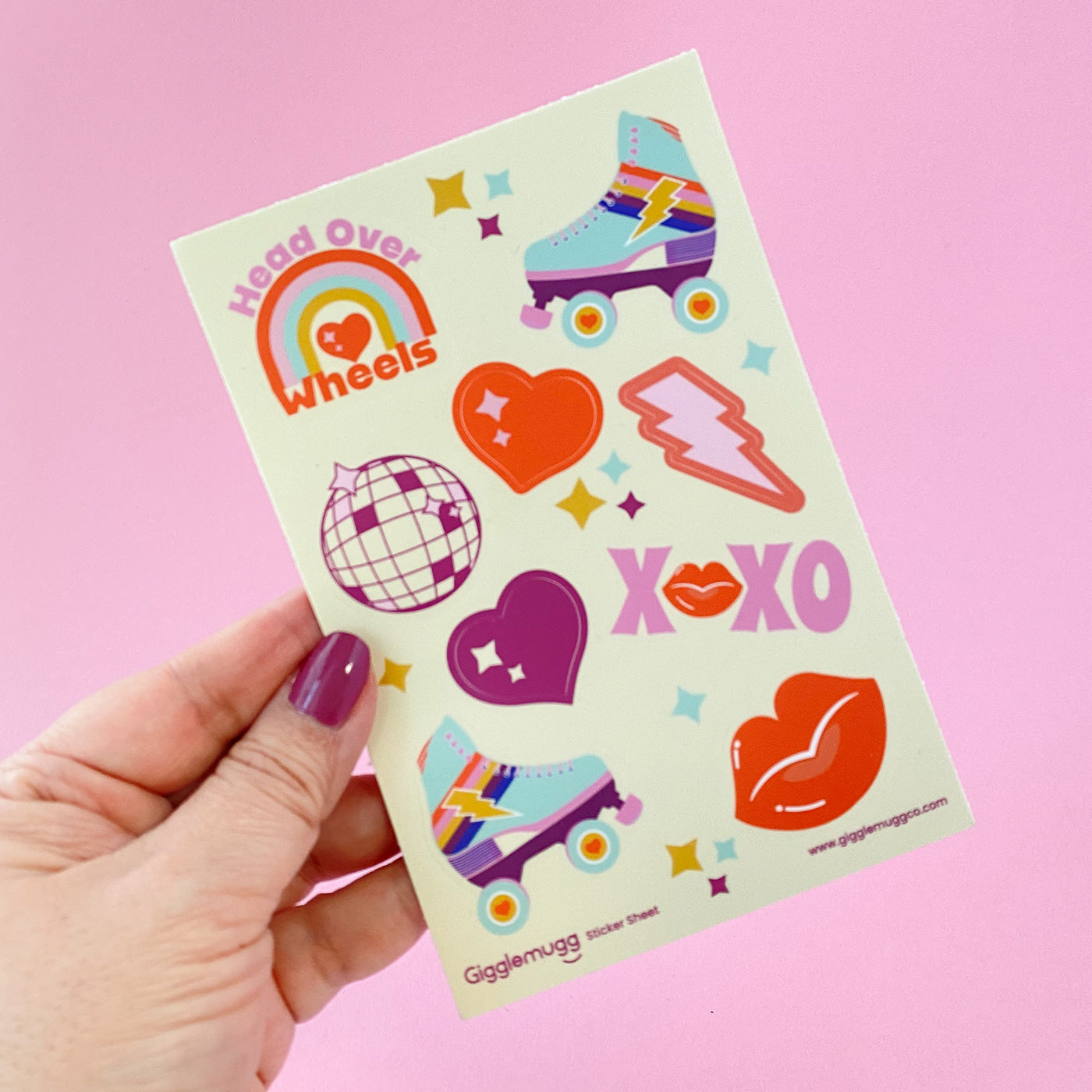 Sticker sheet featuring 80s-inspired roller skate stickers with disco ball, heart, and lips stickers by Gigglemugg
