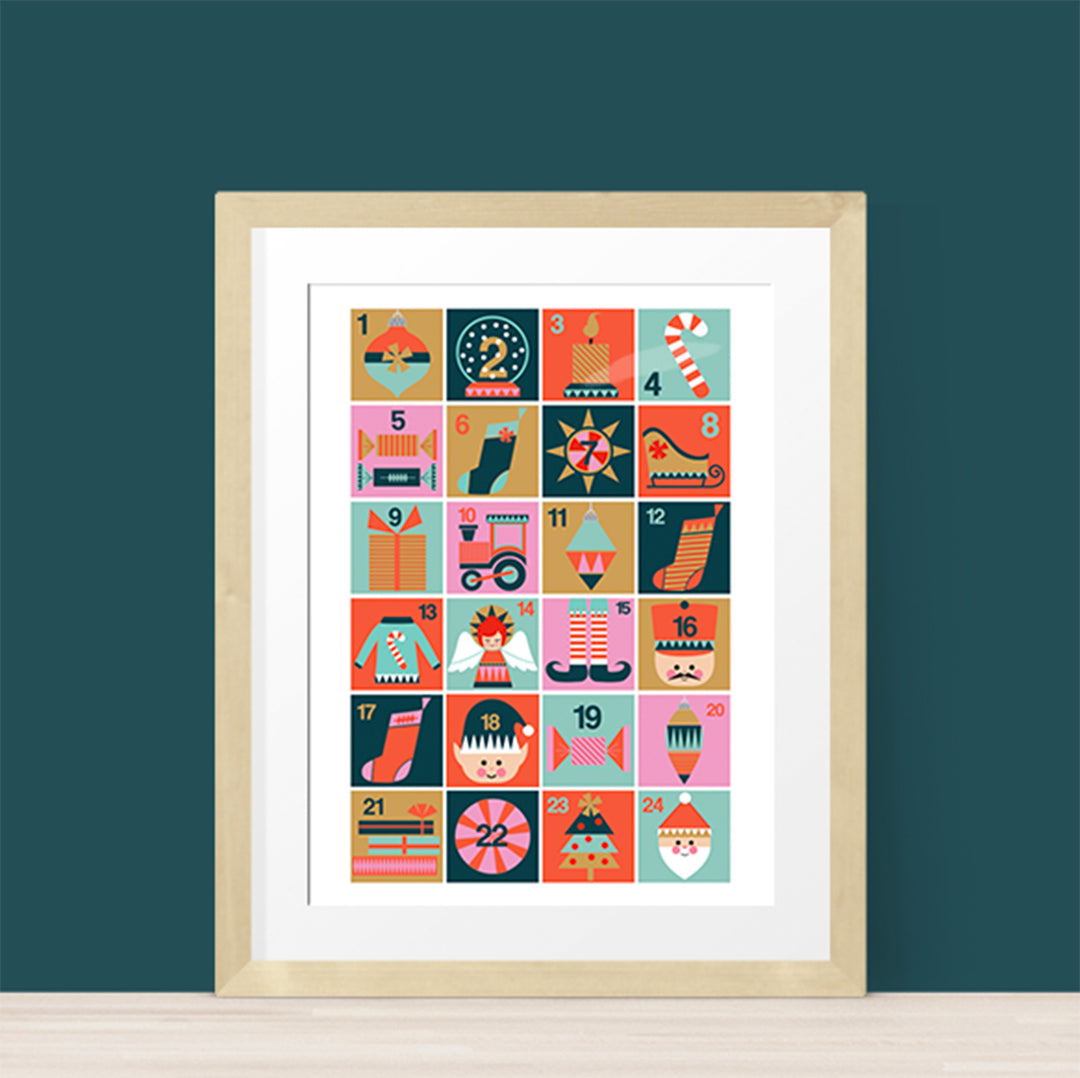 Image of a Christmas advent calendar art print in a frame.