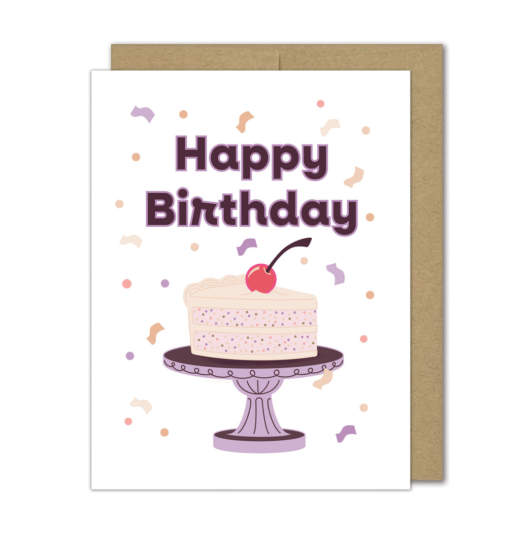 Birthday card with a cake illustration and 'Happy Birthday' text on a white background.