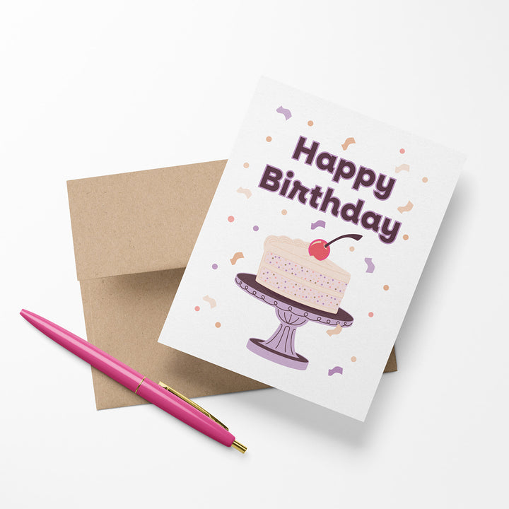 Birthday card with a cake illustration and &