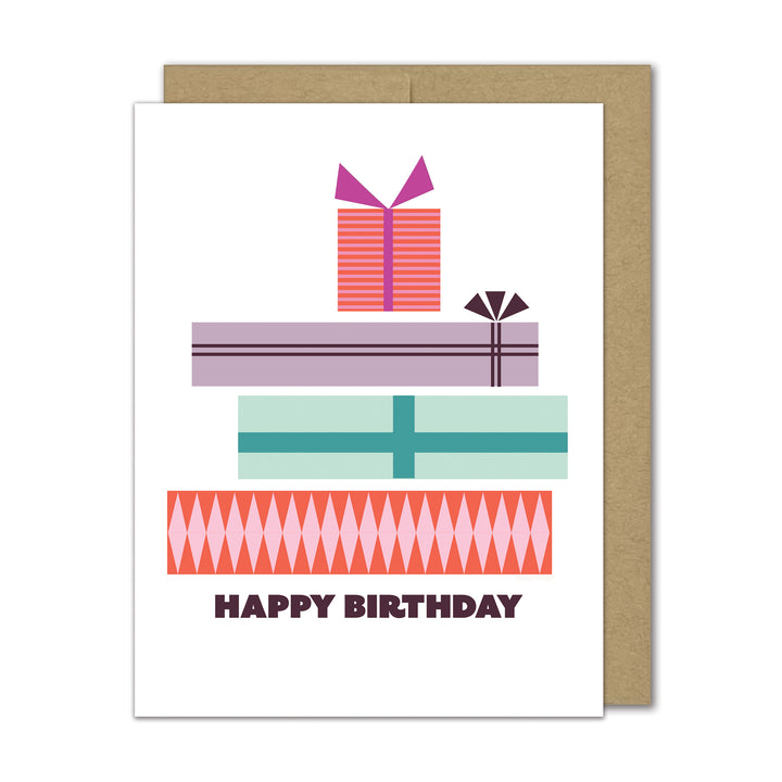Birthday card with colorful gift boxes and &