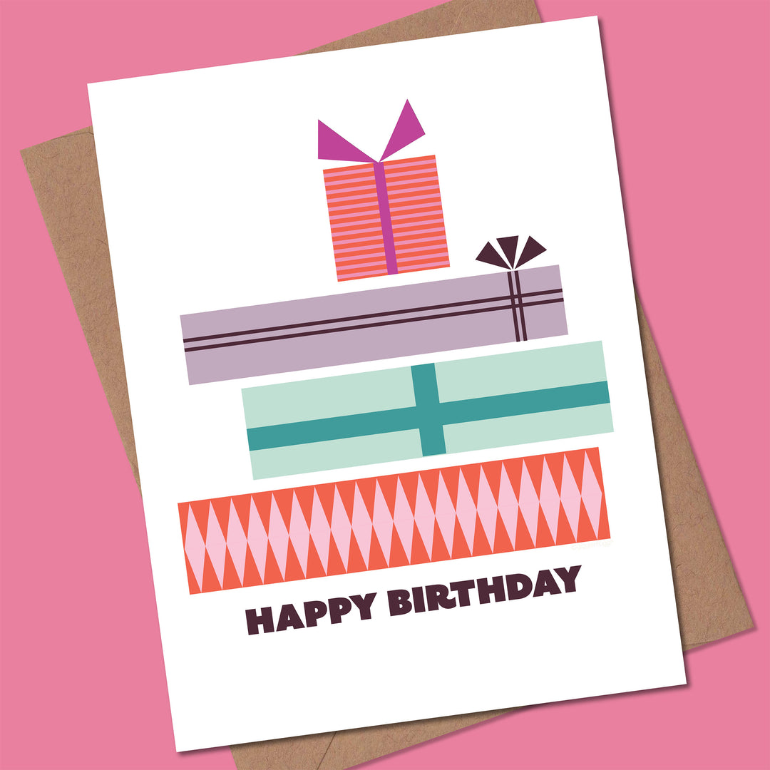Birthday card with colorful gift boxes and &
