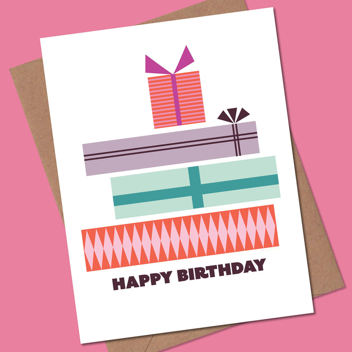 Birthday card with colorful gift boxes and &