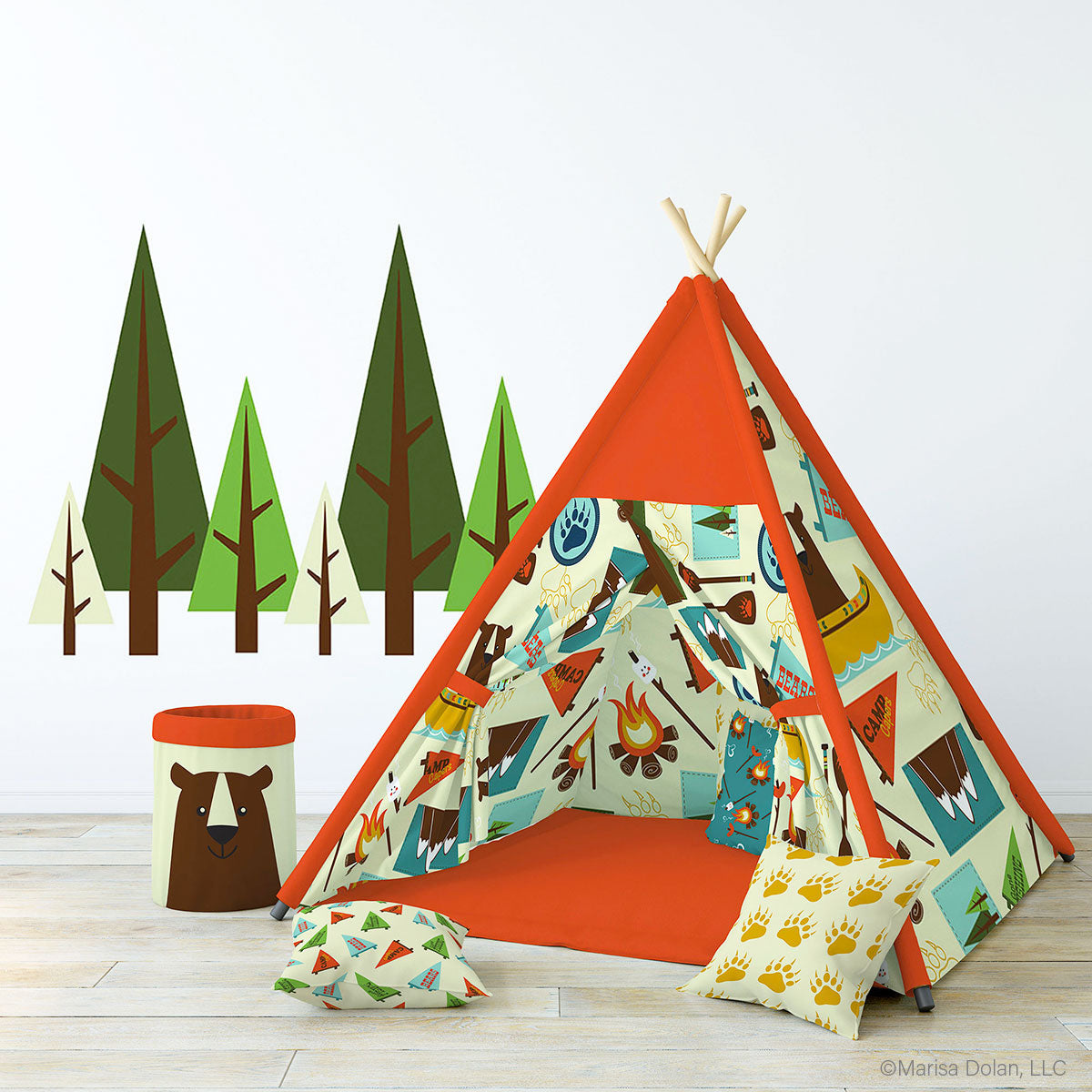 Kids play tent mockup featuring fun camping theme fabric pattern design by Marisa Dolan