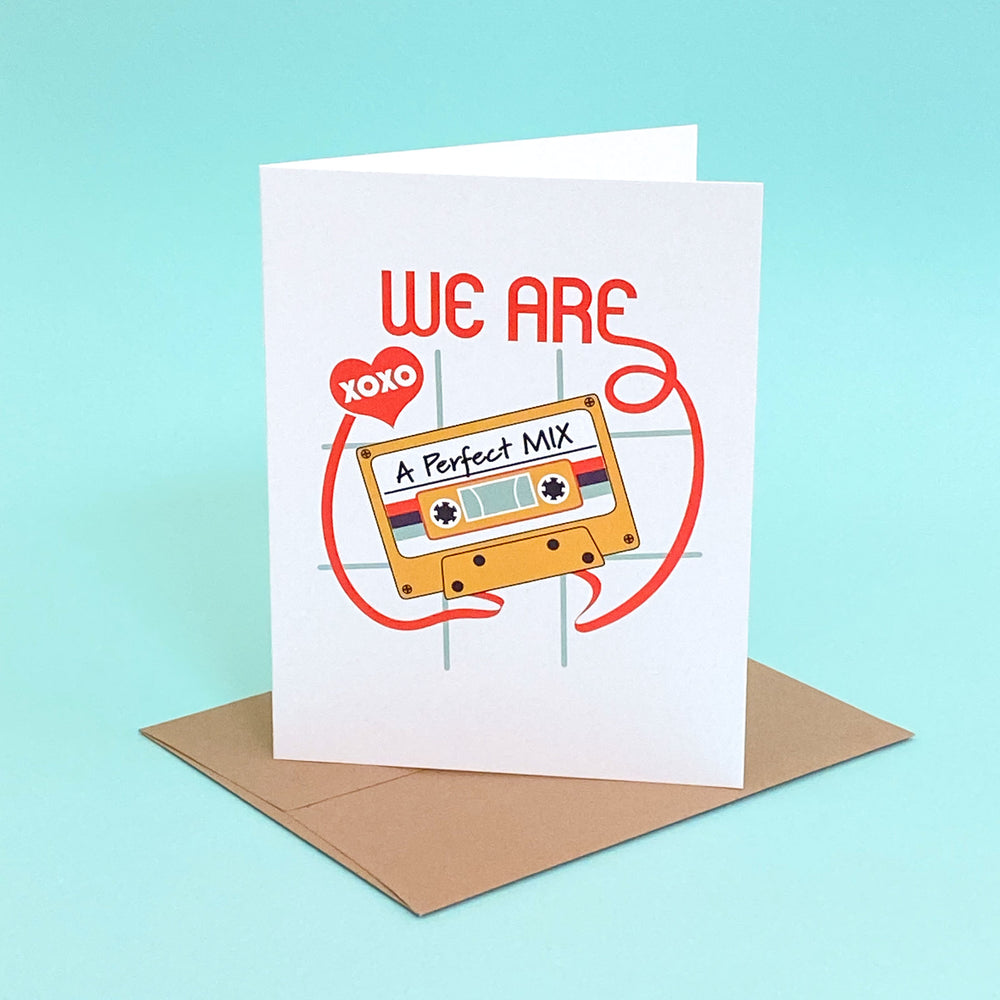 Cassette tape love card with fun 80s-inspired design with saying, "We are the perfect mix" by Gigglemugg