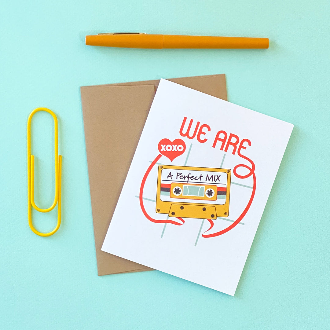 Cassette tape love card with fun 80s-inspired design with saying, "We are the perfect mix" by Gigglemugg