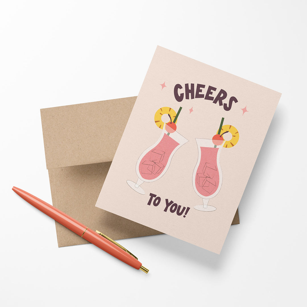 Greeting card with a tropical cocktail illustration and &