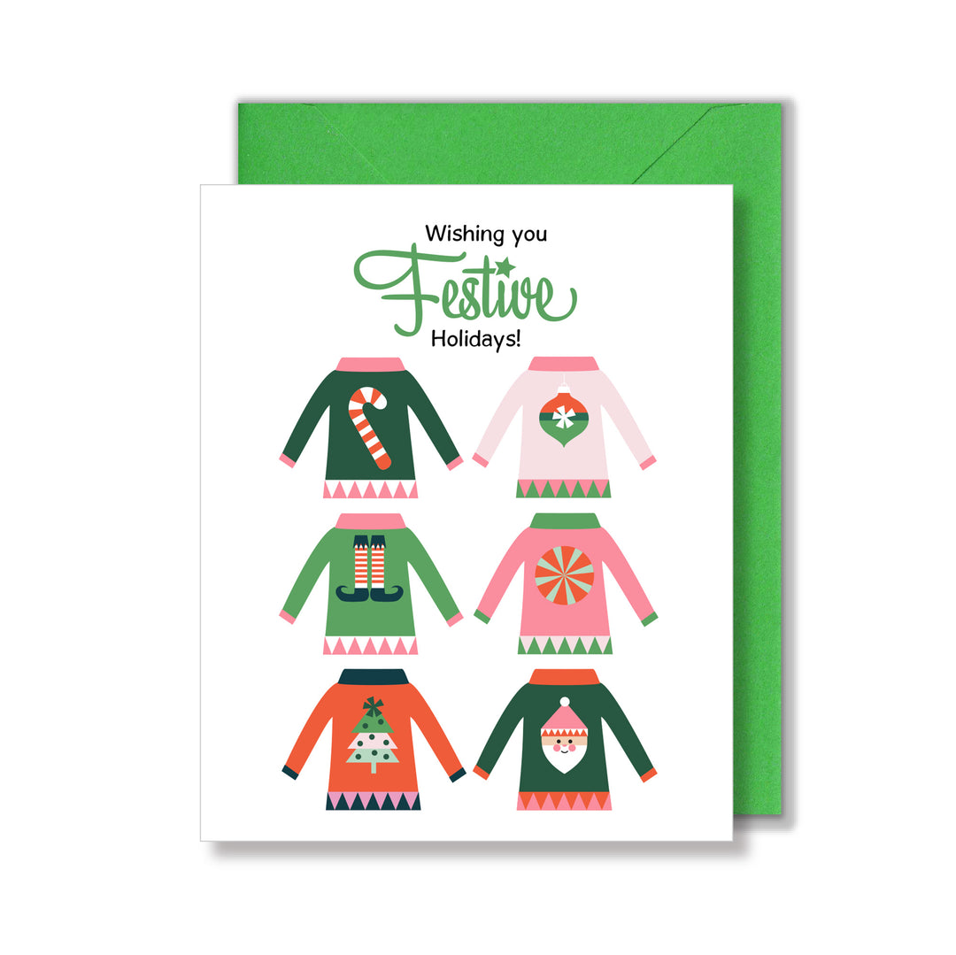 Christmas greeting card with fun holiday sweater illustration by Gigglemugg