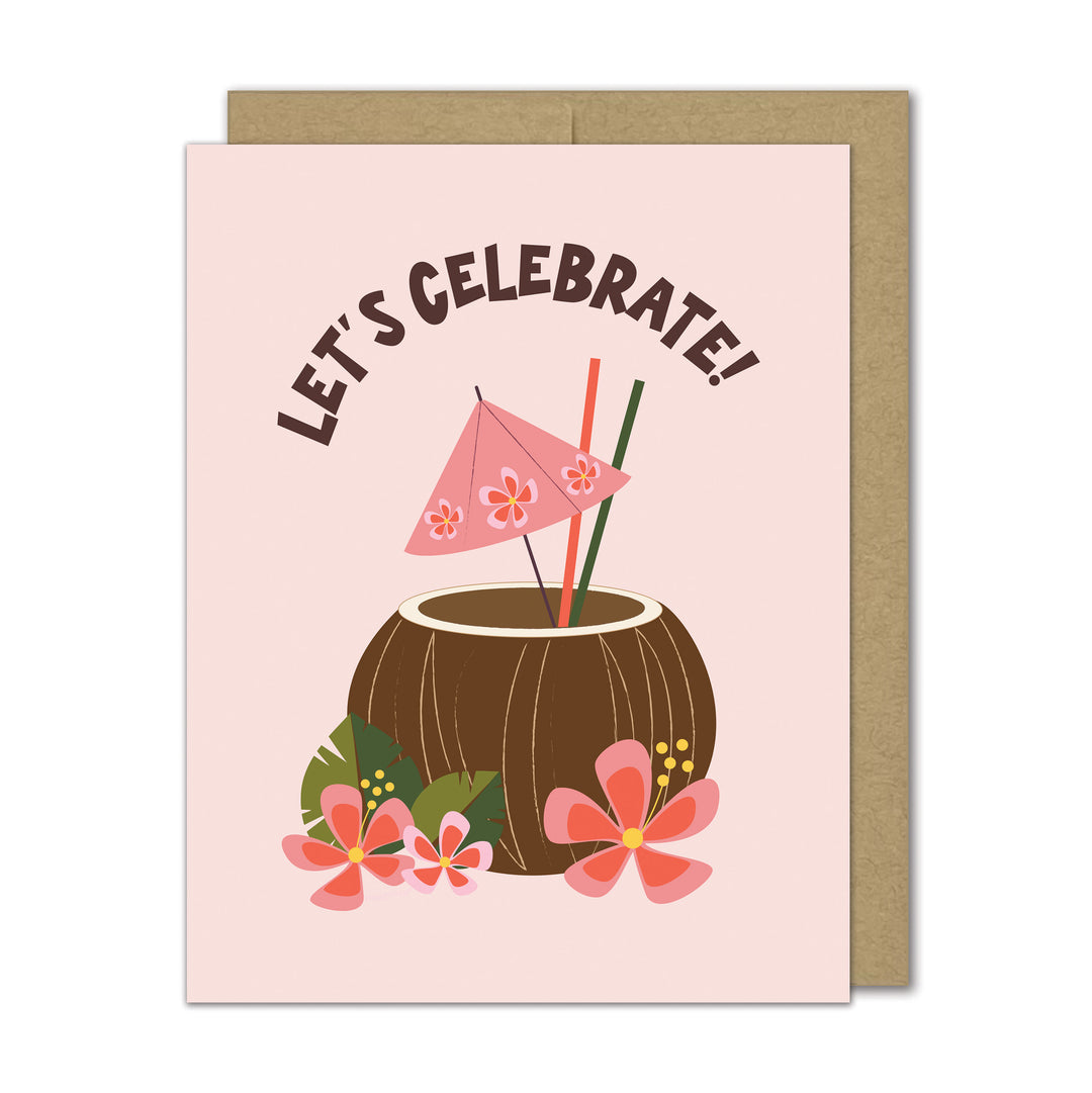 Greeting card with a coconut drink illustration and 'Let's Celebrate!' text on a pink background.