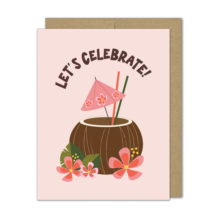 Greeting card with a coconut drink illustration and &