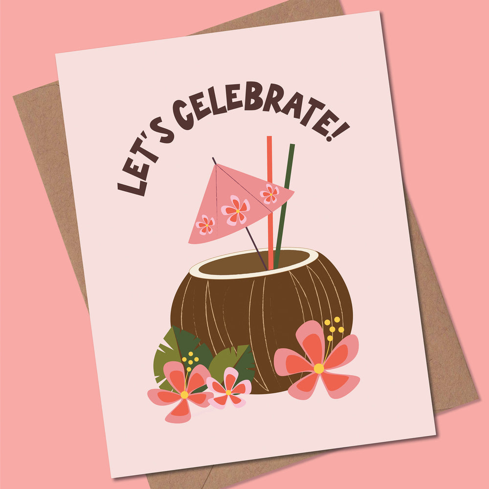 Greeting card with coconut drink illustration and 'Let's Celebrate!' text on a pink background