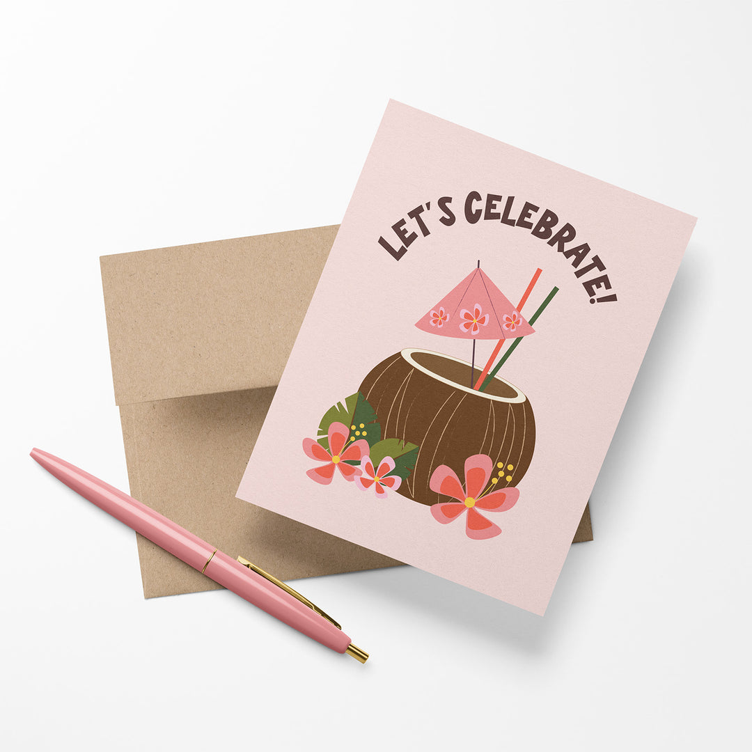 Greeting card with coconut drink illustration and &
