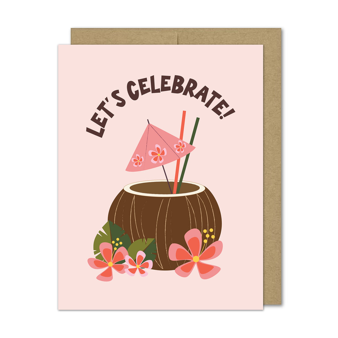 Greeting card with a coconut drink illustration and &