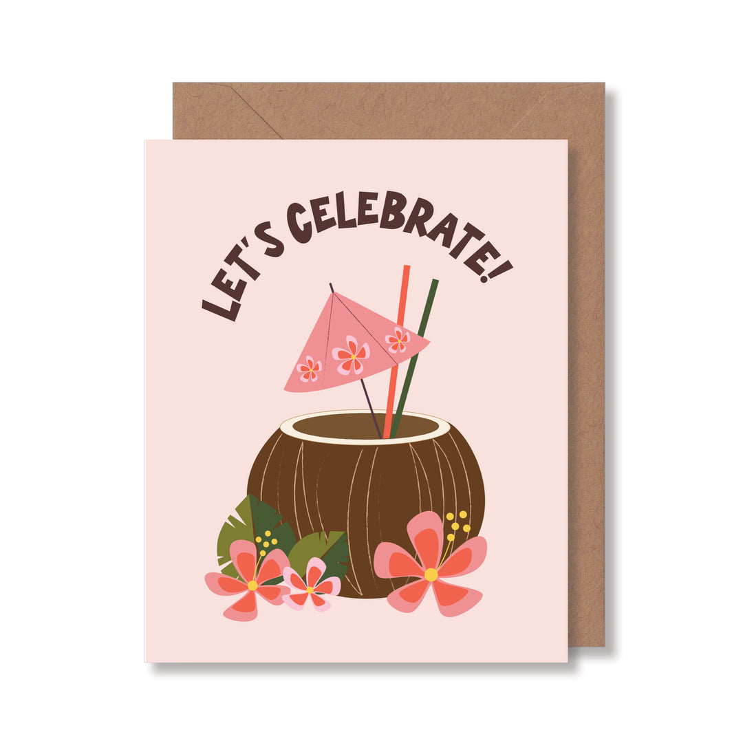 Tropical Congratulations greeting card with a coconut drink illustration and 'Let's Celebrate!' text on a pink background.