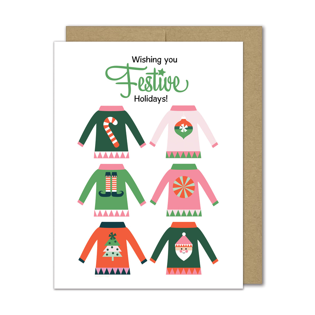 Greeting card with festive sweaters and 'Wishing you Festive Holidays!' text