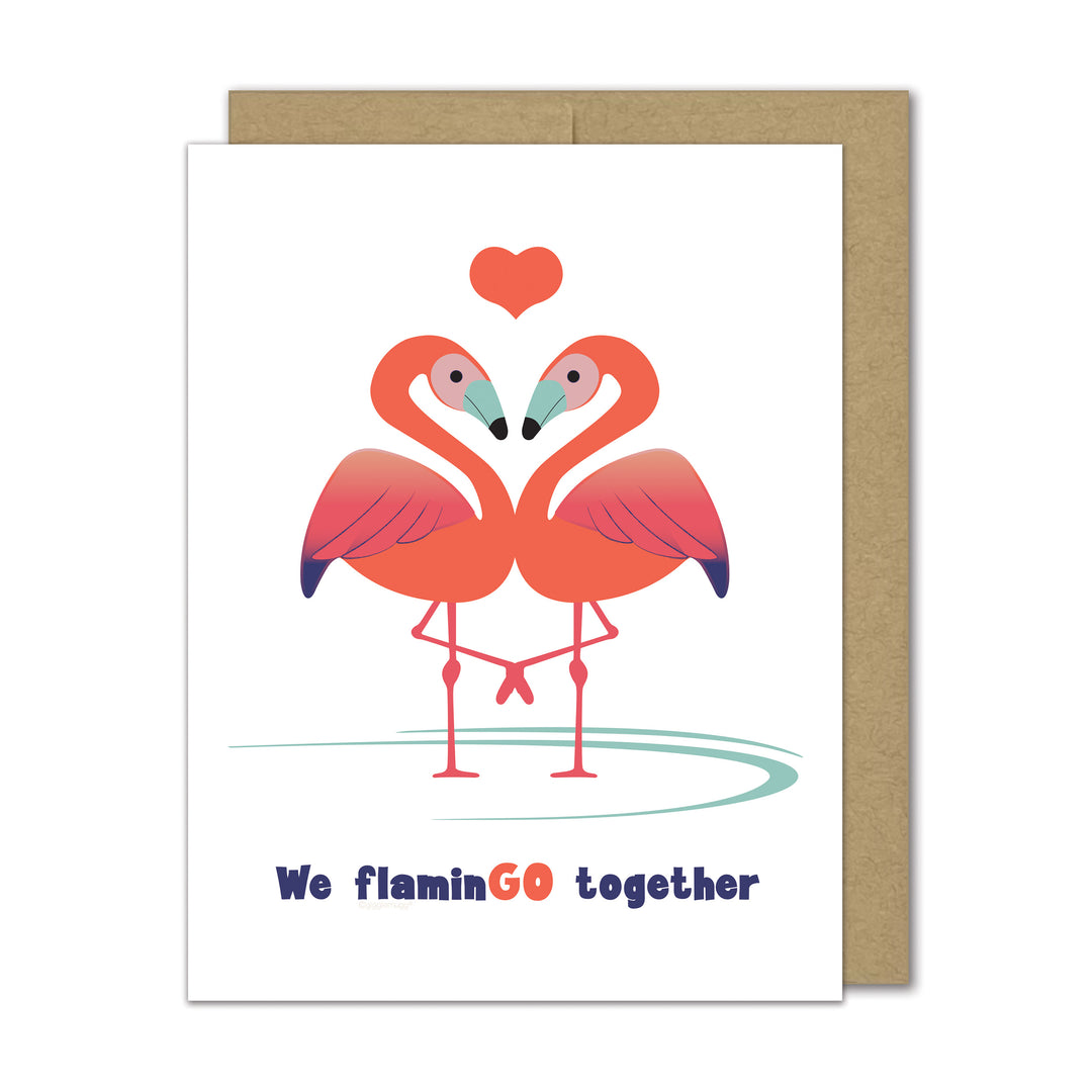 Greeting card with two flamingos and a heart, featuring the text 'We flaminGO together'.
