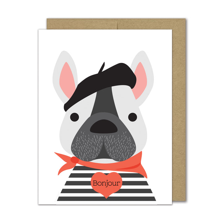Greeting card with a cartoon dog wearing a beret and striped shirt, and a heart with &