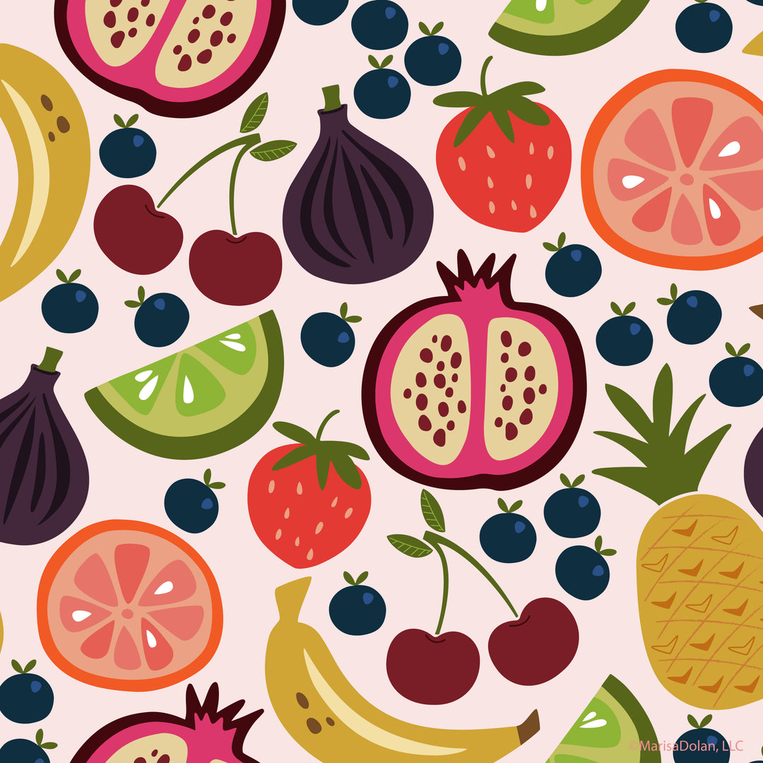 Seamless fruit pattern by surface pattern designer Marisa Dolan, ©Gigglemugg Design Studio