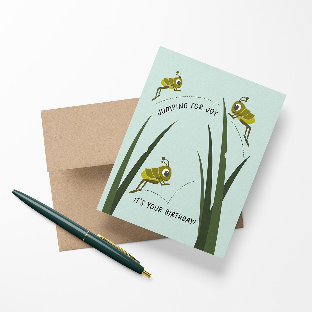 Birthday card with illustrated grasshoppers and text &