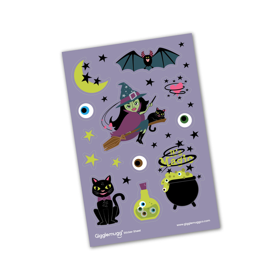 Vinyl Halloween sticker sheet with fun witch illustrations including cat, moon, cauldron, potion bottle, eyeballs, bat, and stars designed by Gigglemugg