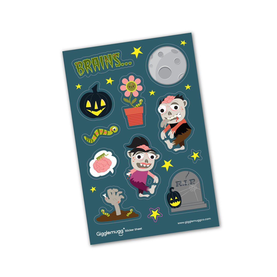 Vinyl zombies sticker sheet featuring fun zombie graveyard illustrations, zombie plants, headstone, moon, jack-o-lantern, worm, and stars designed by Gigglemugg.