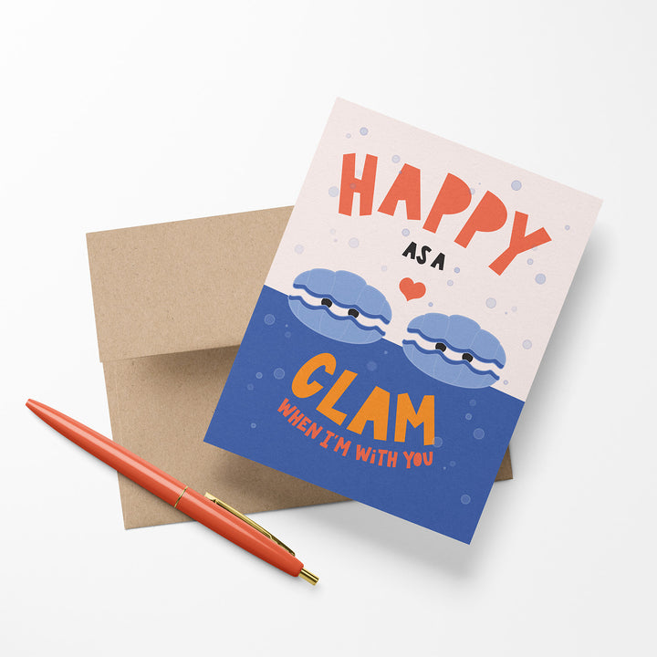 Card with illustrated clams and text &