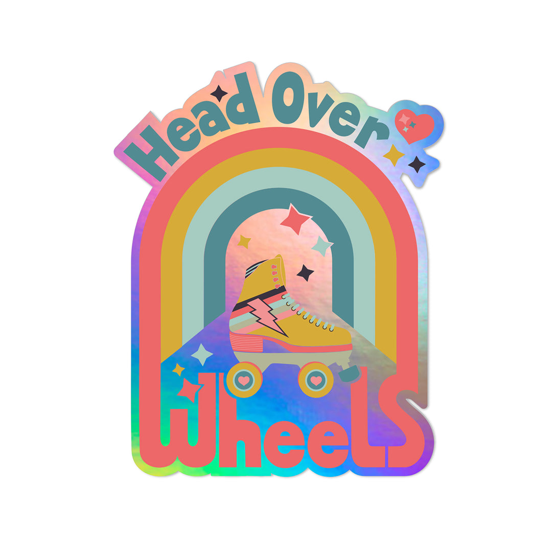 Holographic roller skate sticker with hand-lettering saying, Head Over Wheels by Gigglemugg.