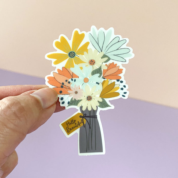 Wildflower bouquet sticker with a pretty floral design and the greeting, Hello Beautiful, by Gigglemugg.