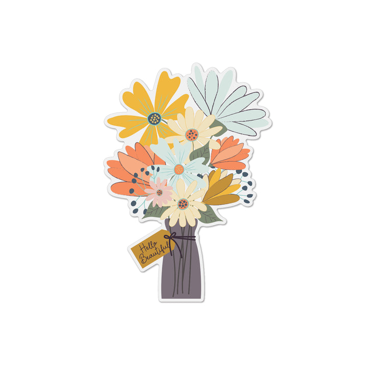 Wildflower bouquet sticker with a pretty floral design and the greeting, Hello Beautiful, by Gigglemugg.