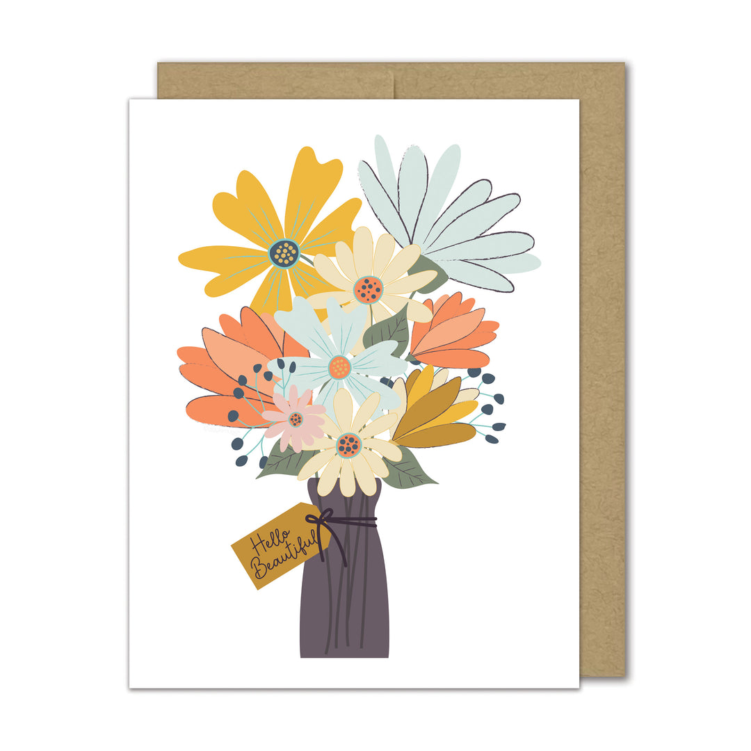 Greeting card with a flower bouquet illustration and words, Hello Beautiful.
