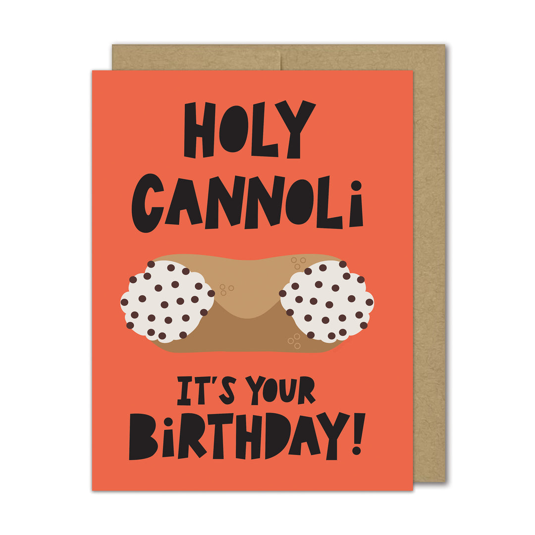 Birthday card with a cannoli illustration and text on a red background
