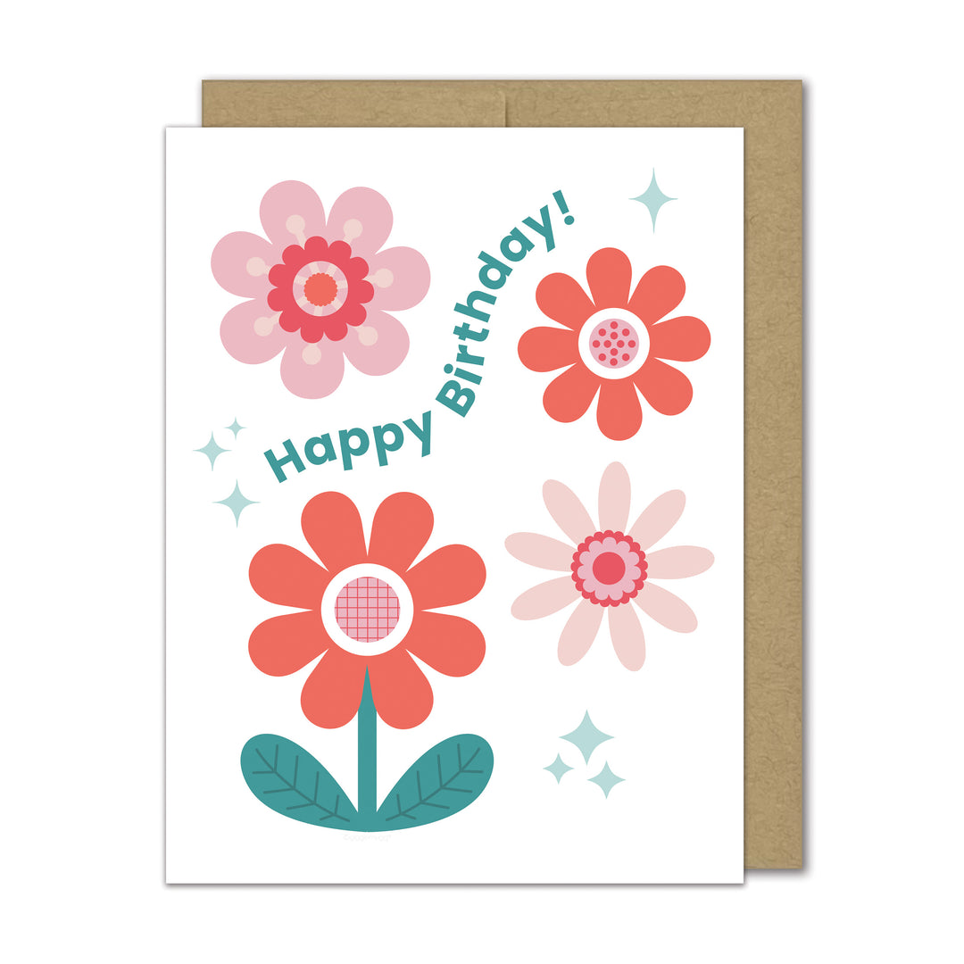 Birthday card with colorful flowers and 'Happy Birthday!' text on a white background
