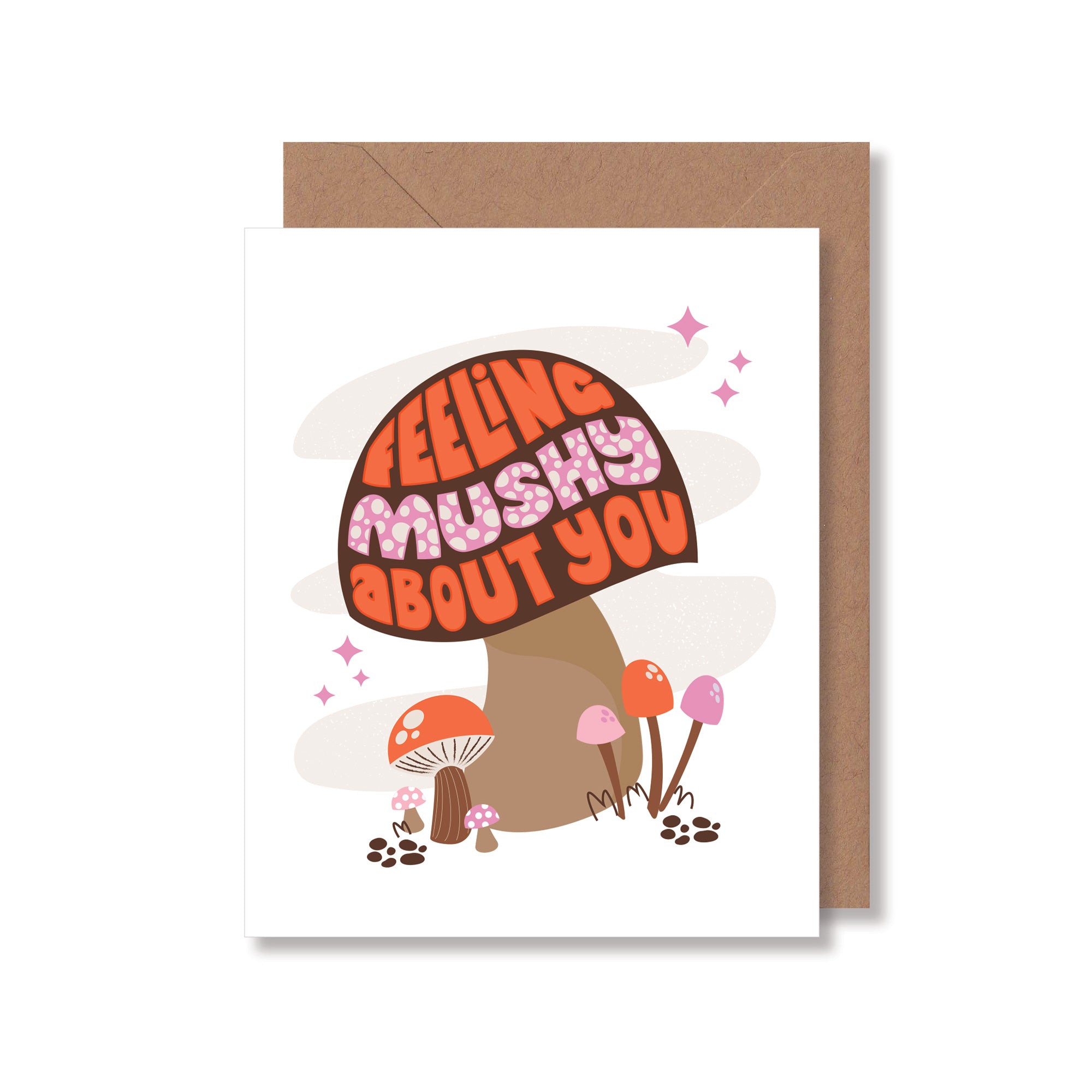 Love card with hand-lettering and fun mushroom illustration feeling mushy about you by Gigglemugg
