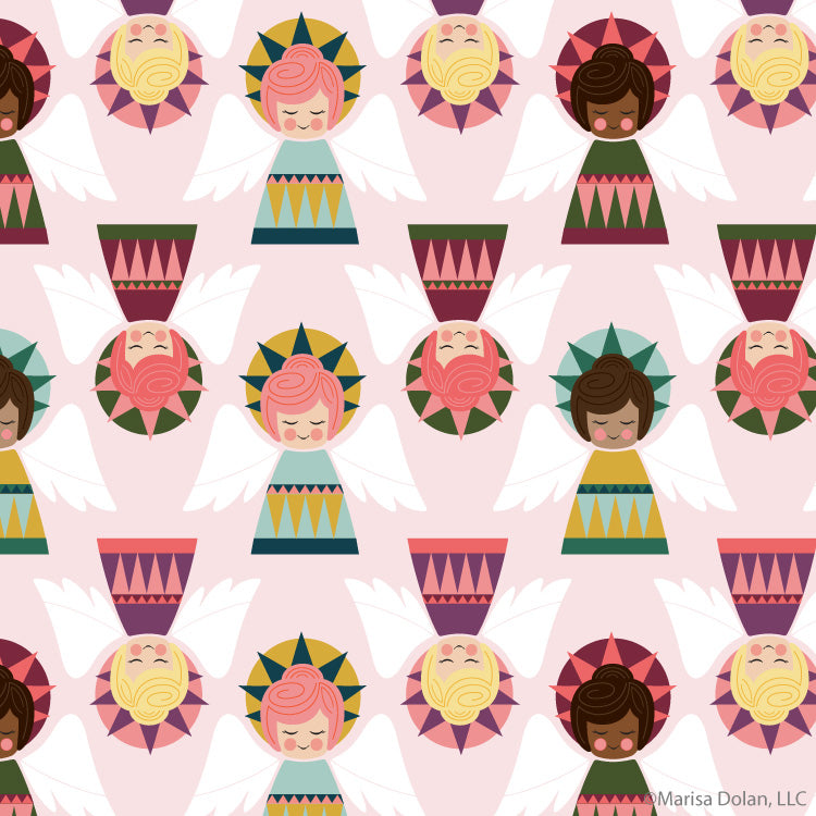 Peace Angels surface pattern design in pretty pink and pastel color palette