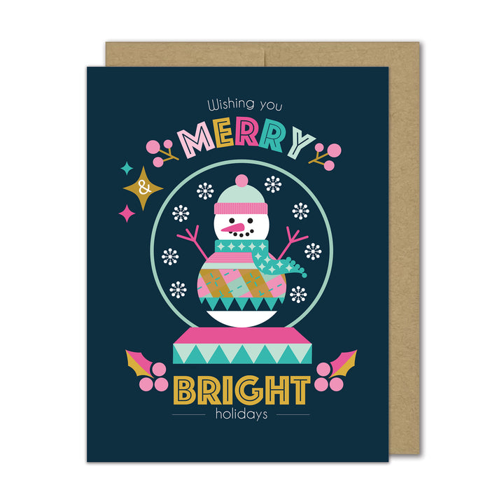 Holiday card with a snowman in a snow globe and festive text on a dark blue background.