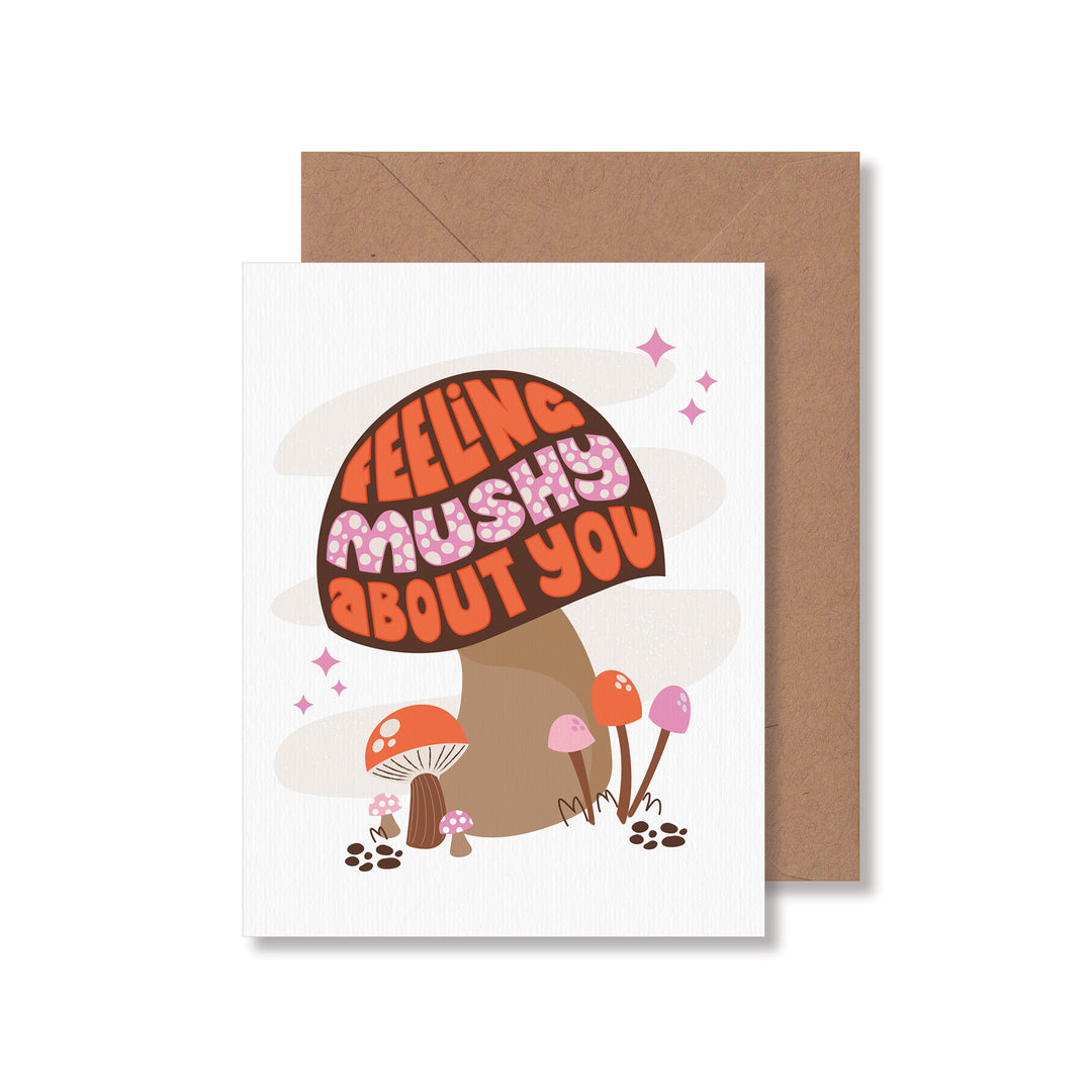 Mushroom love card with hand-lettered illustration and the saying "feeling mushy about you" by Gigglemugg