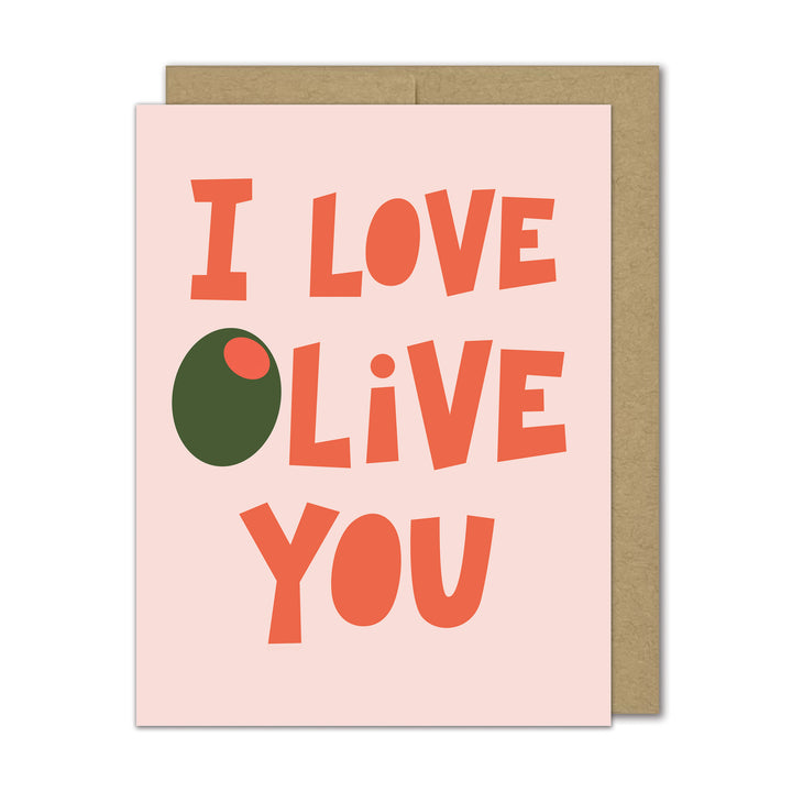 Greeting card with the words, "I love olive you" on a pink background with a Kraft envelope.