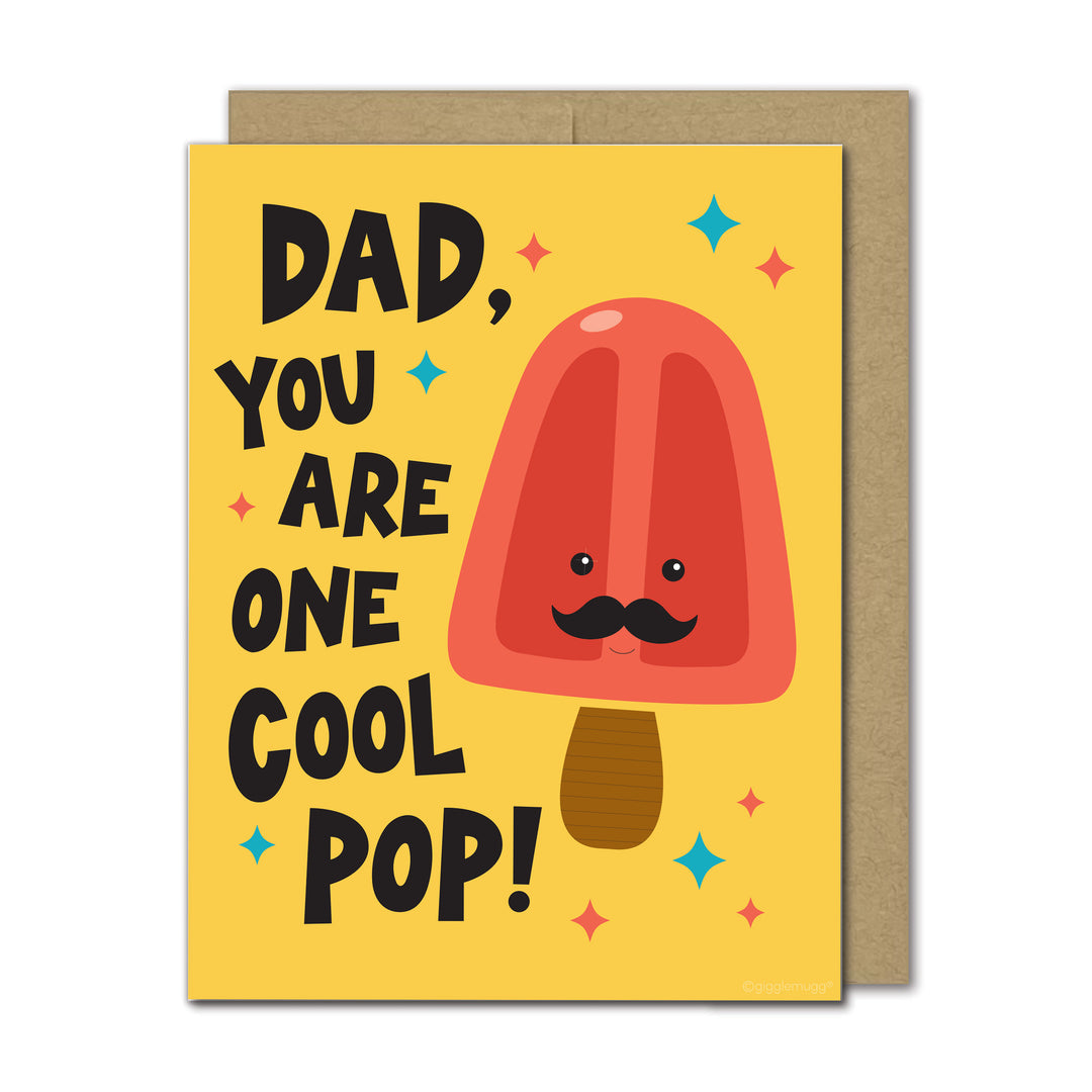 Illustrated greeting card for Dad with a red popsicle character and text on a yellow background shown with a Kraft envelope.