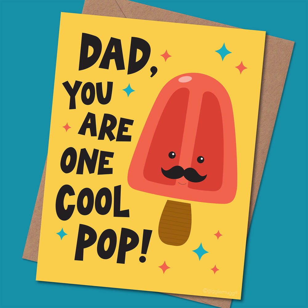 Illustrated greeting card for Dad with a red popsicle character and text on a yellow background shown with a Kraft envelope on a blue background.