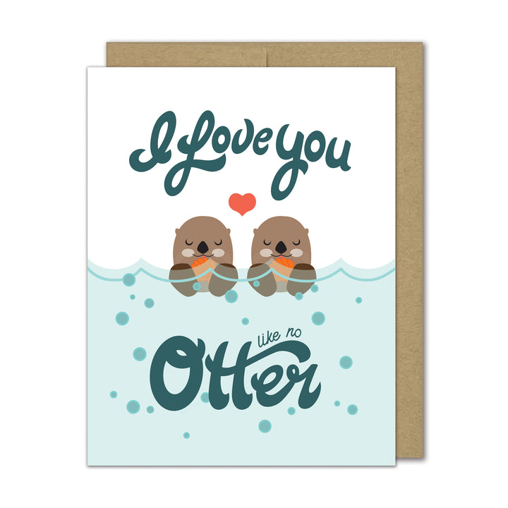 Greeting card with two otters holding sea shells and text &