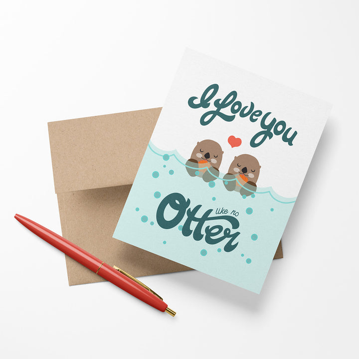 Greeting card with two otters holding sea shells and the text &