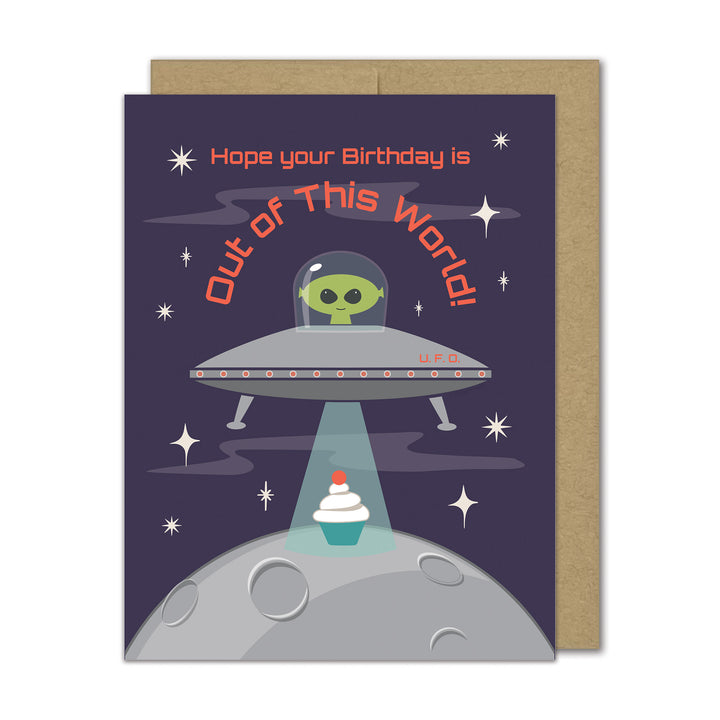 Birthday card with a UFO and alien design on a purple background