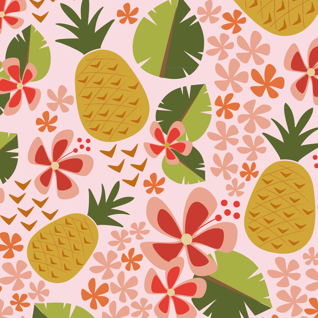 Tropical pattern with pineapples, flowers, and leaves on a pink background designed by ©Gigglemugg