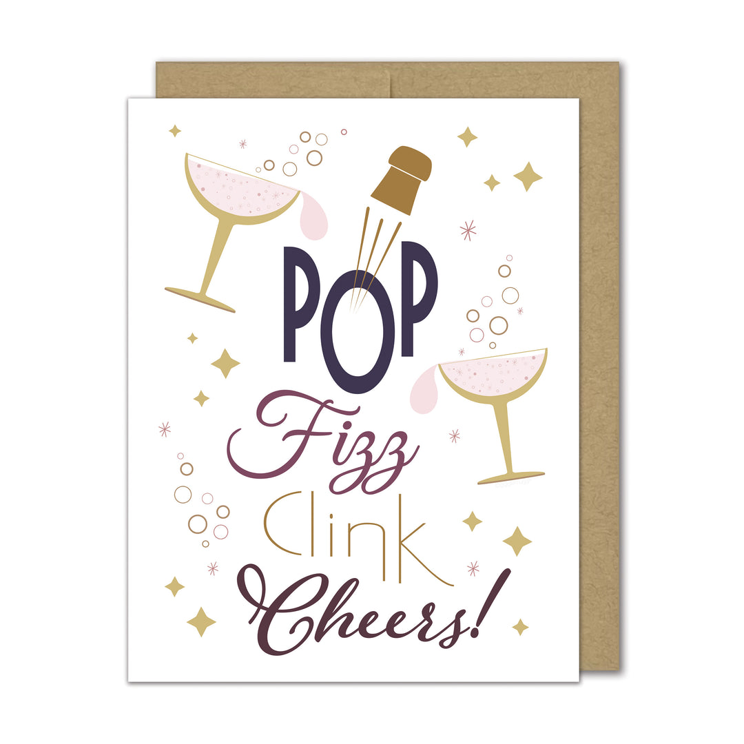 Greeting card with 'Pop Fizz Clink Cheers!' text and champagne glass illustrations on a white background.