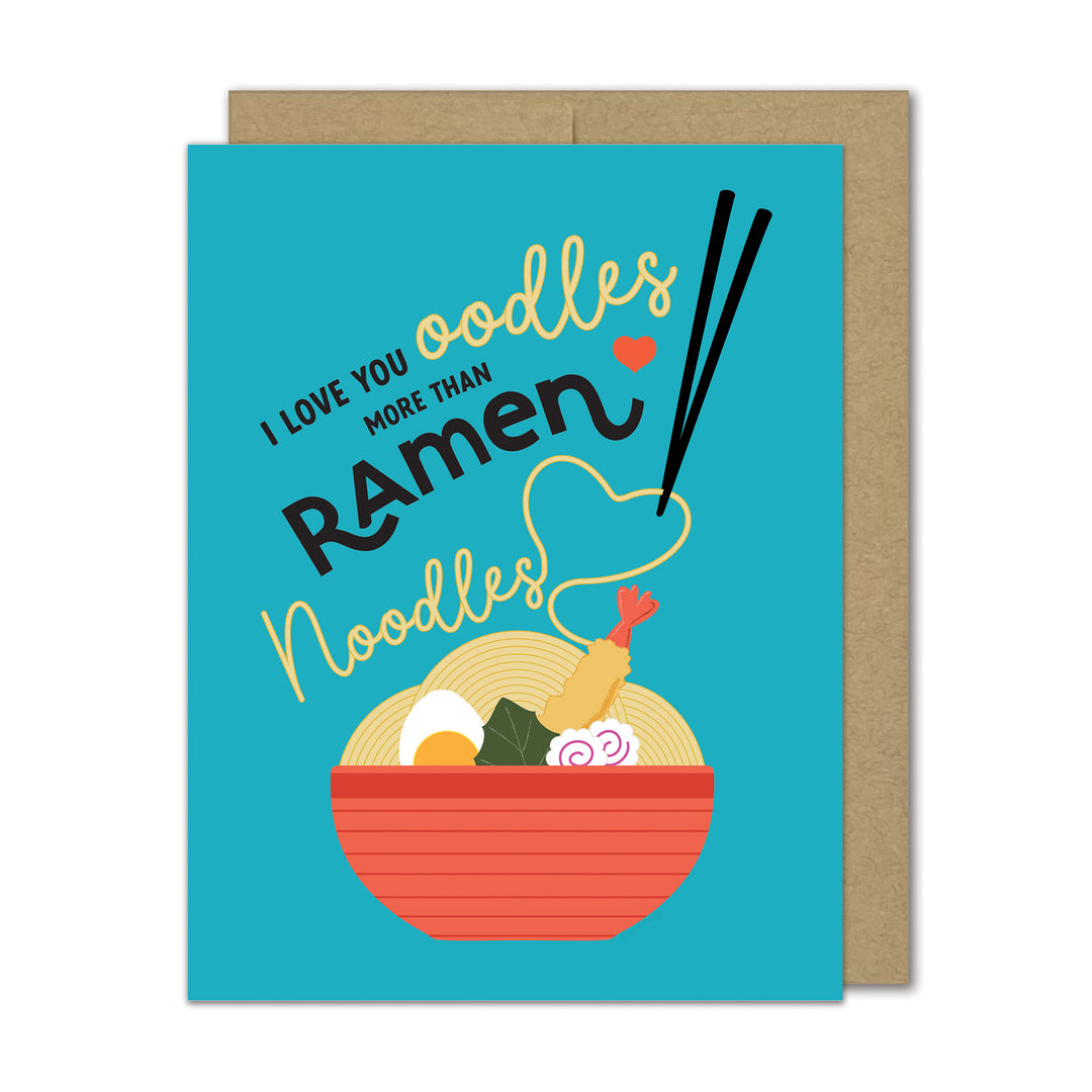 Illustrated greeting card with a bowl of ramen and text on a blue background.