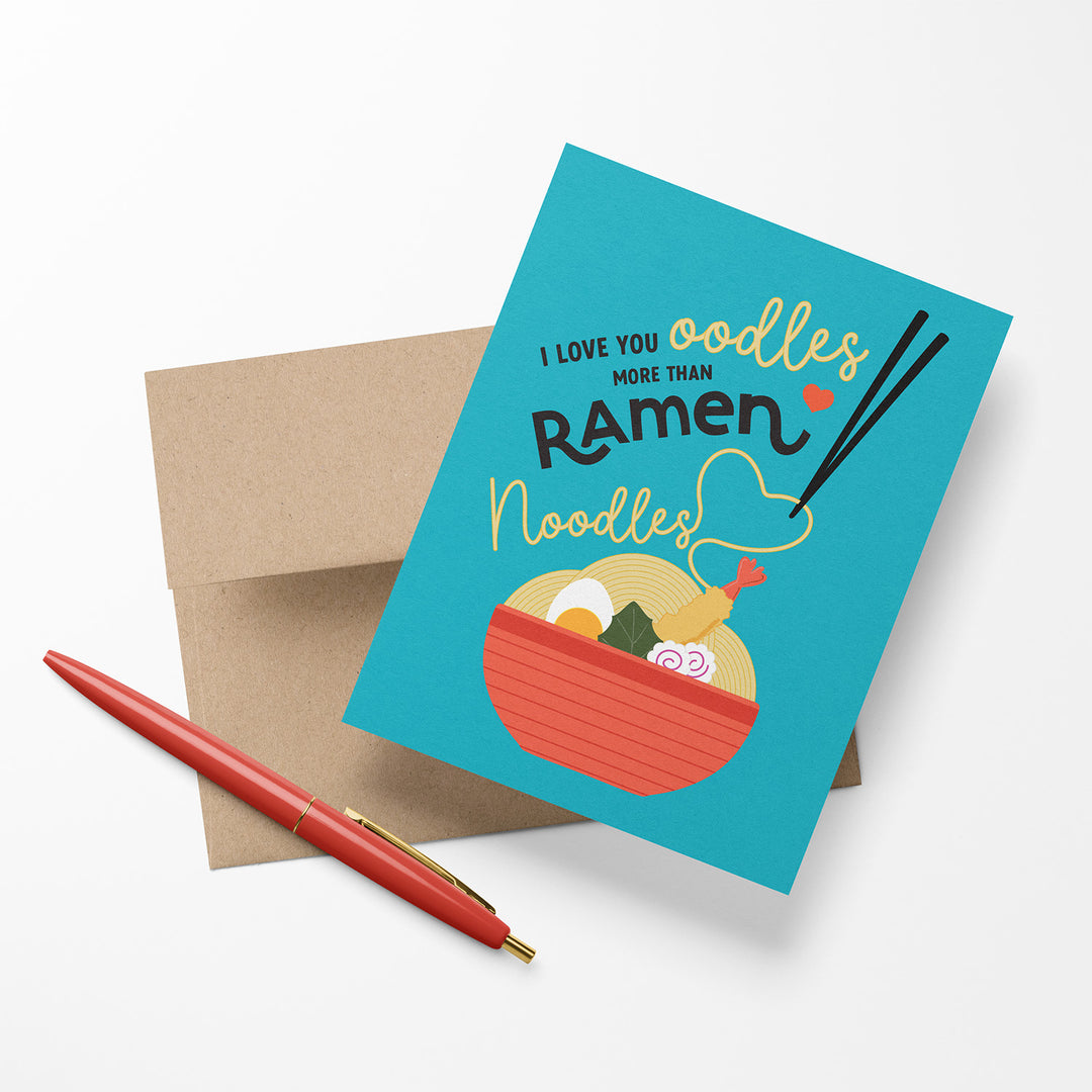 Card with a bowl of ramen and text &