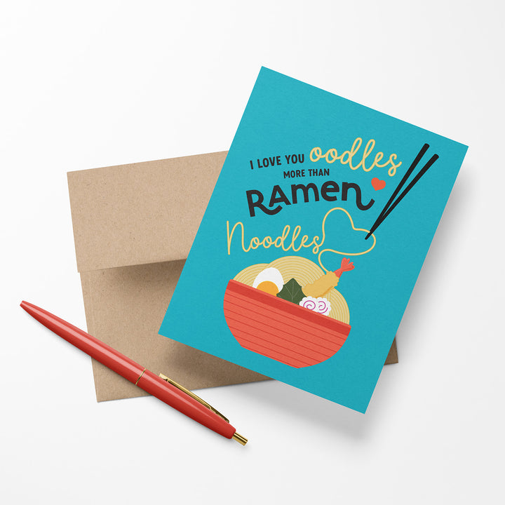 Card with a bowl of ramen and text &