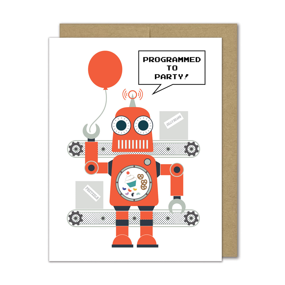 Greeting card with a robot holding a red balloon and speech bubble saying 'Programmed to Party?'