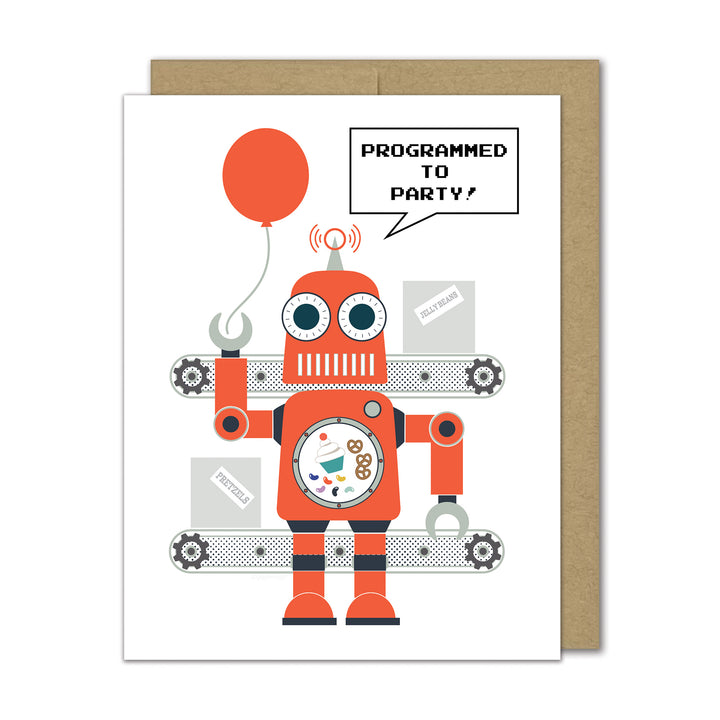 Greeting card with a robot holding a red balloon and speech bubble saying &